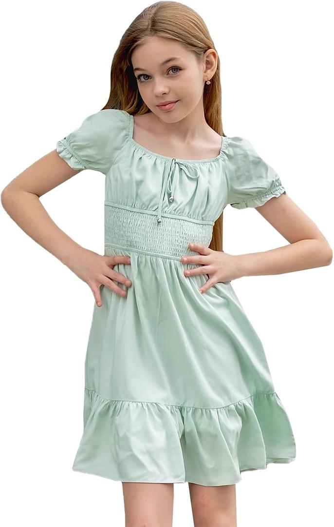 Simplee kids Girls Dresses Off The Shoulder Summer Tween Dress Smocked Ruffle Puff Sleeves Dresses for Girl Kids 4-15 Years (S)