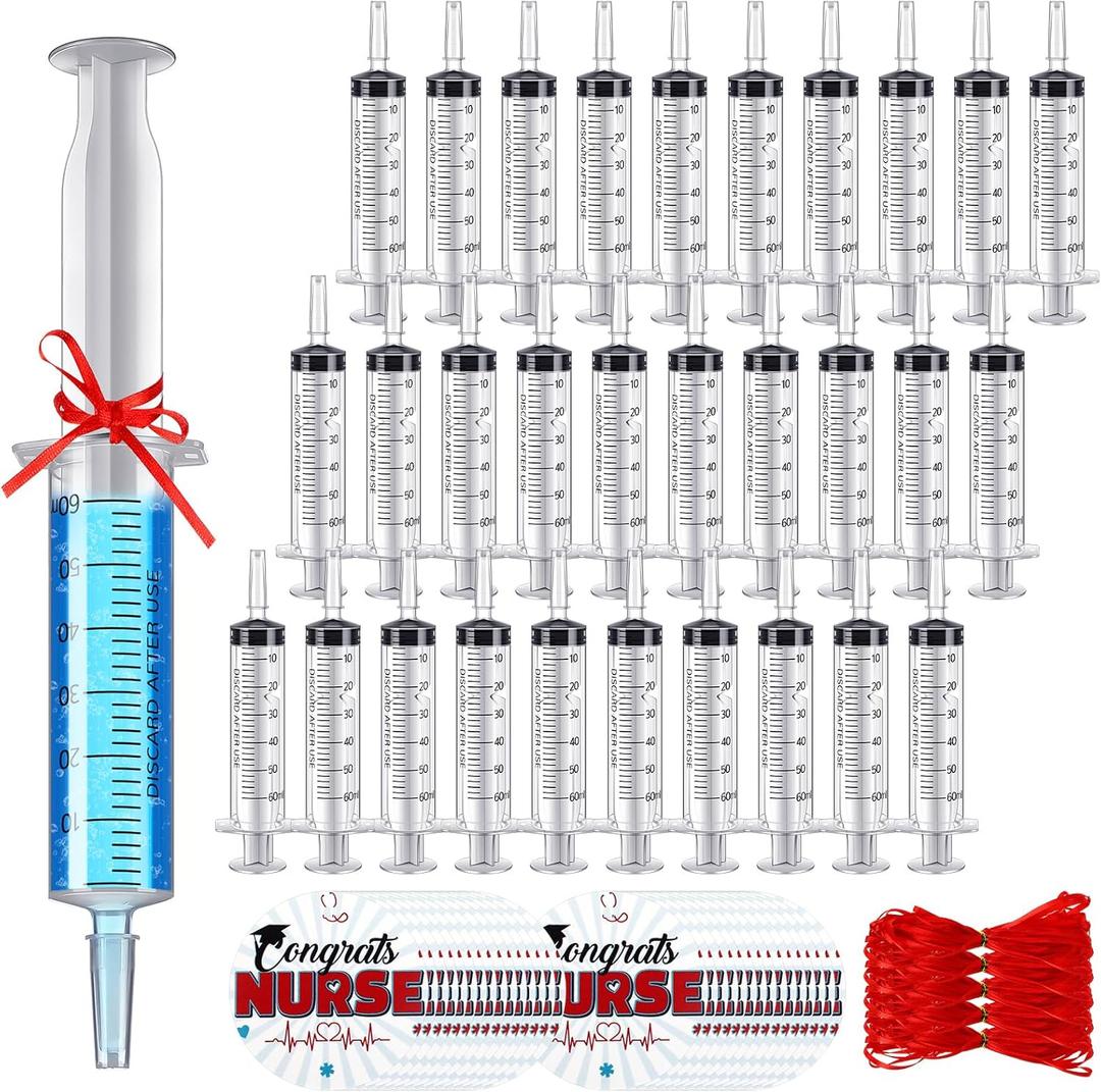 Arrowbash 49 Pcs Nurse Graduation Party Supplies Include 2 oz Drink Syringes Congrats Nurse Tag Red Ribbon CNA Week Appreciation Gifts for Class 2026 Graduation Decorations RN Themed Party Favors