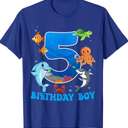 Kids 5th Birthday Boy Shark Ocean Theme Party 5 Years Old For Boy T-Shirt (Blue, Small)