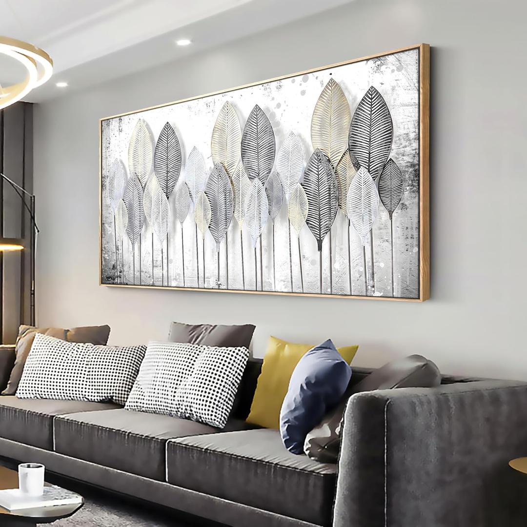Gold Leaf Canvas Wall Art 30x60 Inch - Black White Abstract Nature Landscape Framed Print for Living Room