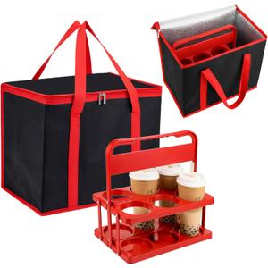 Reusable 6 Cup Drink Carrier with Handle and Insulated Bag, Grocery Catering Travel Thermal Frozen Carrier Foldable Plastic Cup Holder and Large Capacity Insulated Food Bag for Car Delivery, Travel