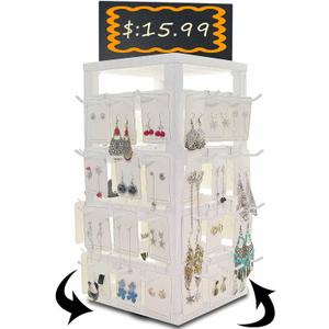 Wooden rotating Jewelry Display Stand with Removable 48 Hooks advertising board, For Earring Cards necklace bracelet Keychain Jewelry Organizer For Selling For vendor events (White)