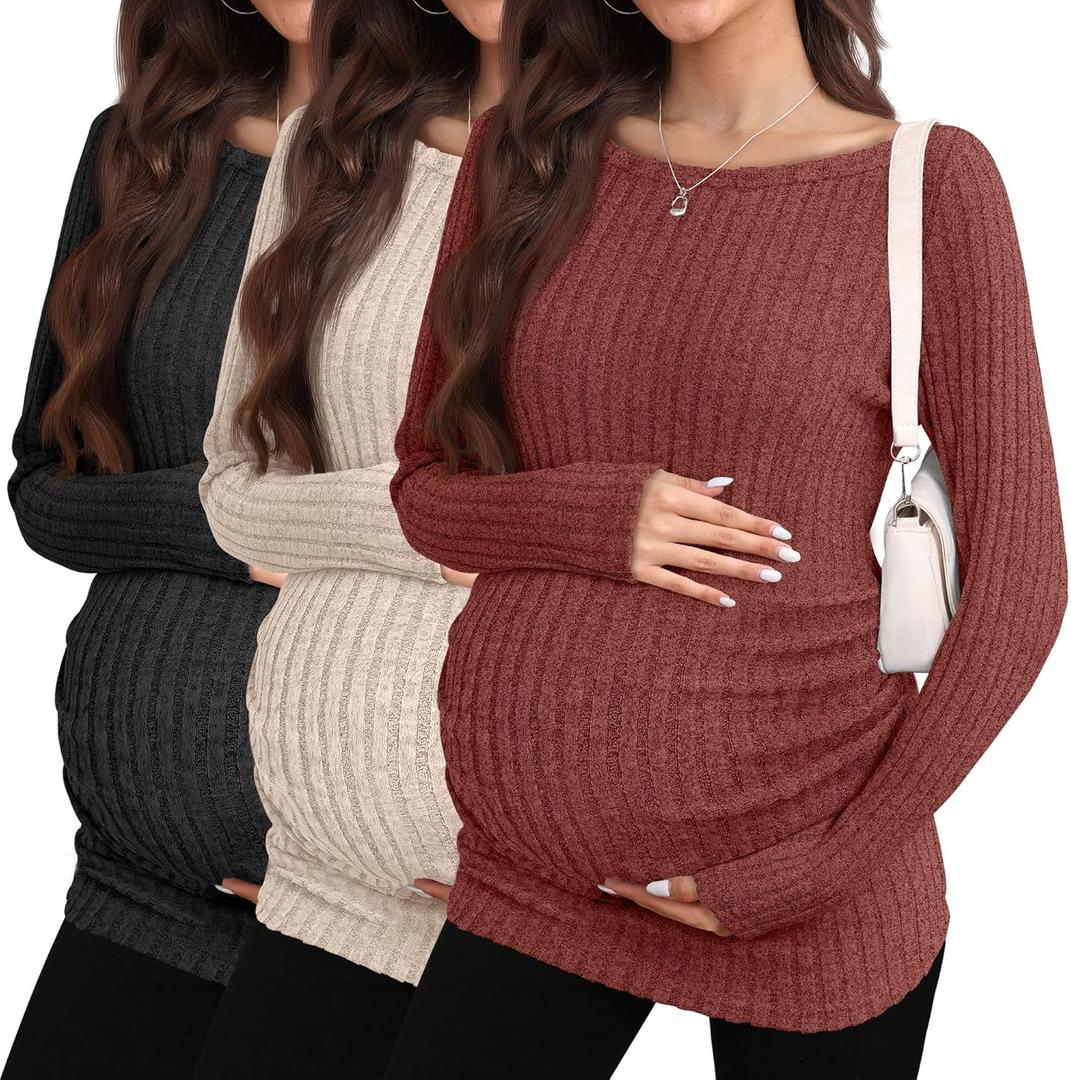 3 Pack Maternity Sweaters Long Sleeve Ribbed Maternity Shirts Lightweight Stretch Pregnancy Tops Winter Layering (Small, Dark Pumpkin, Apricot, Black)