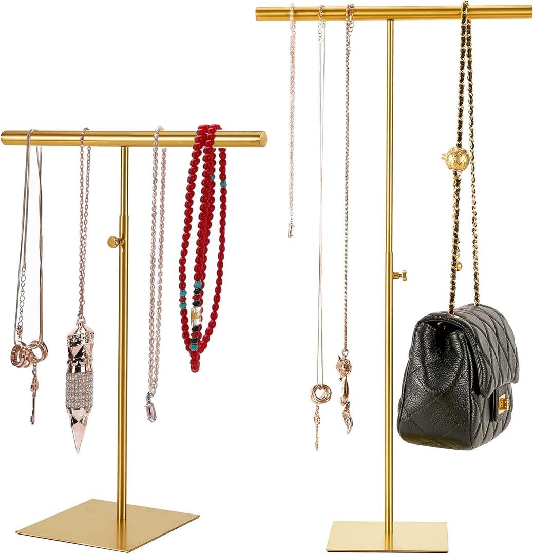 Stainless Necklace Display and Jewelry Stands, 2 Pack Adjustable Height Purse Display Stand, Non-Slip Jewelry Holder Organizer T-bar Tower Necklaces Rack for Vendors Retail Store Counter Home Closet (Gold)