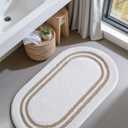 DEXI Oval Bath Mats for Bathroom, 24x43 Absorbent Bath Mat, Washable Microfiber Bathroom Rug with Non Slip Backing for Shower Floor, Beige