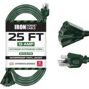IRON FORGE CABLE 25 Foot Outdoor Extension Cord with 3 Electrical Power Outlets - 16/3 SJTW Durable Green Extension Cable with 3 Prong Grounded Plug for Safety