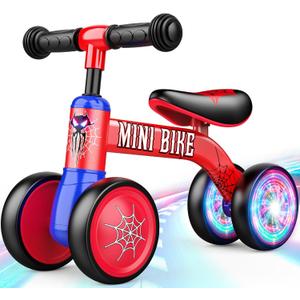 Baby Balance Bike 1 2 Year Old: Spider Baby Bike for 10-24 Month with Light & 4 Wheels Babies Boy Gifts Toddler First Riding on Toys First Christmas Birthday Gift for 1+ Year Old Boy & Girl (Blue Red)