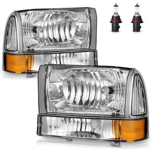 Headlights W/Bulbs for 1999-2004 Ford F250 F350 F450 F550/2000-2004 Ford Excursion Super Duty with Bumper Signal Corner Light Pair Set (OE Replacement)