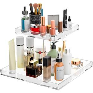 2-Tier Acrylic Perfume Organizer, Display Stand for Dresser & Counter, Vanity Trays Makeup Storage Holder, Bathroom & Kitchen Organizer (12x8)