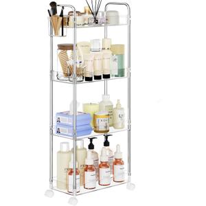 SPACEKEEPER Acrylic Rolling Storage Cart 4 Tier Clear Bathroom Cart Organizer, Transparency Rolling Utility Cart Laundry Room Organization Multifunction Mobile Shelving Unit for Office, Living Room
