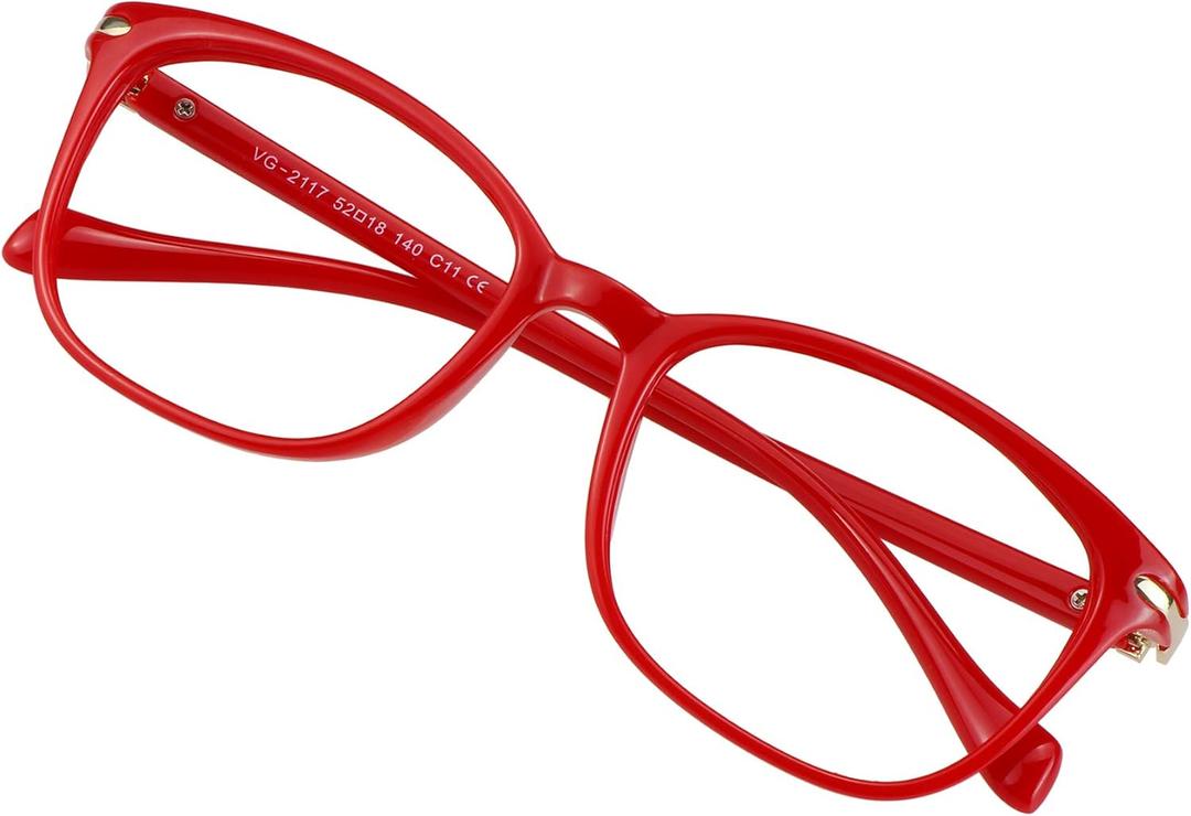 VisionGlobal Blue Light Blocking Glasses for Women, Anti Eyestrain, Computer Reading, TV Glasses, Stylish Square Frame, Anti Glare (Red, No Magnification)