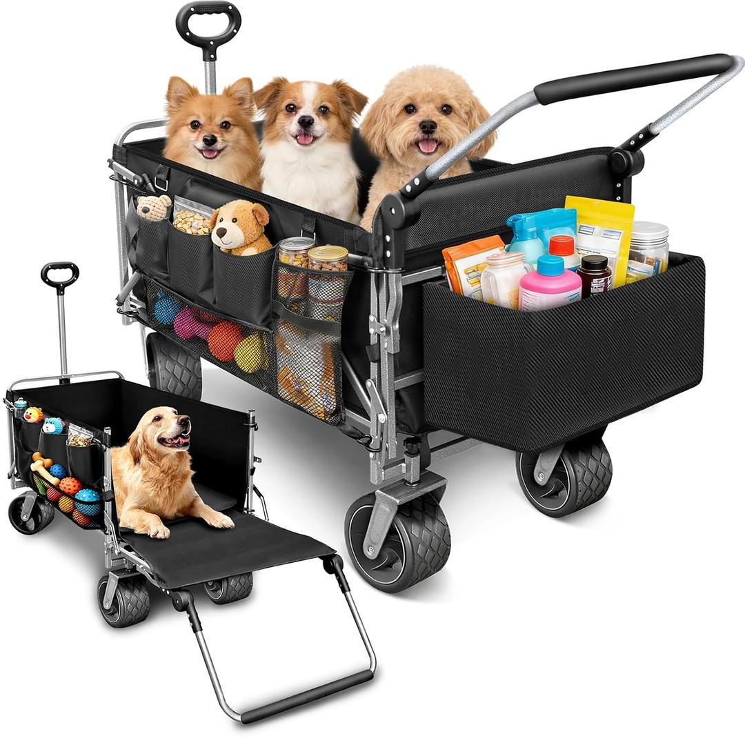Dog Wagon for Medium & Large Dogs, Folding All-Terrain Dog Stroller Wagon with Tailgate (Extra Space), Multiple Pockets & Storage Baskets, Adjustable Handle, One-Step Brake, Heavy Duty Pet Wagon