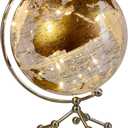 8'' World Globe, Clear Metal Globe with Built-in Gypsophila LED Strip for Home Decor, Office Desktop, Study Education and Night Light (Gold)