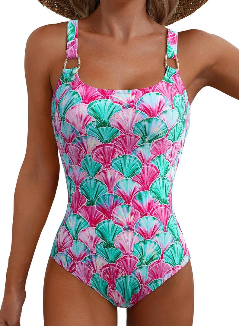 Herseas Women's Metal Ring Wide Straps One Piece Swimsuit Floral Print Tummy Control Bathing Suit, Sea Shell (L)