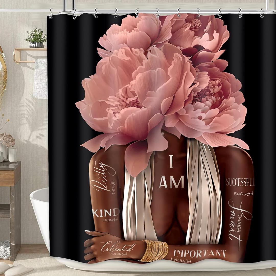 MESHELLY Pink Black Girl Shower Curtain 60Wx72H, Black Woman Peony Floral Quotes Girly Bathroom Curtain Set, African American Shower Curtain Set, Inspirational Modern Afro Bathroom Decor 12 Hooks
