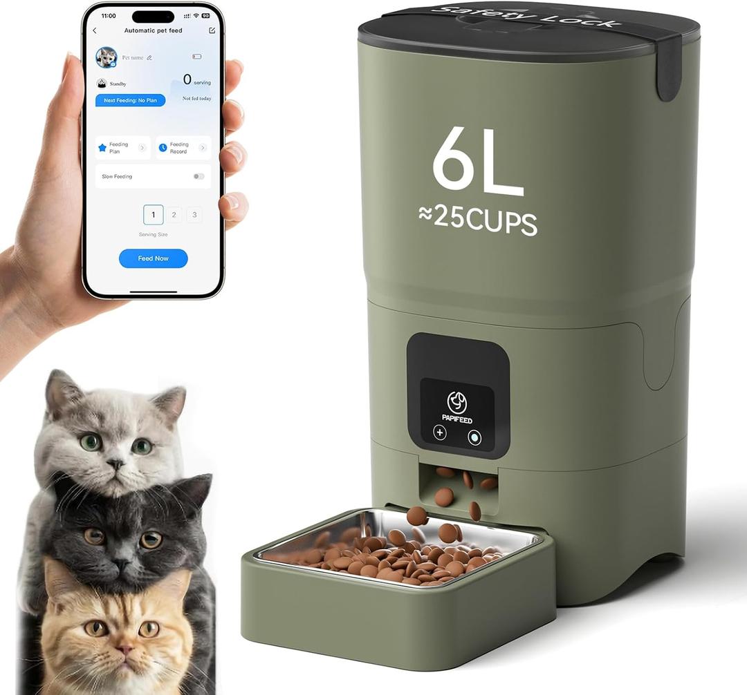 PAPIFEED Automatic Cat Feeder with App, 2.4G WiFi Cat Food Dispenser, 6L Timed Cat Feeders for Dry Food, 10 Meals/Day, 12 Portions/Meal, Dual Power Supply Smart Pet Feeder for Small Dog, Army Green