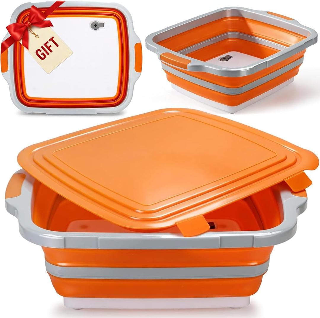 16L Collapsible BBQ Prep Tub with Locking Lid & Cutting Board - Marinade Container Grill Carry System for RV Picnic Tailgate - Portable Wash Basin for Kitchen Camping Sink - Gift for Men Women, 20.2"L x 16.2"W