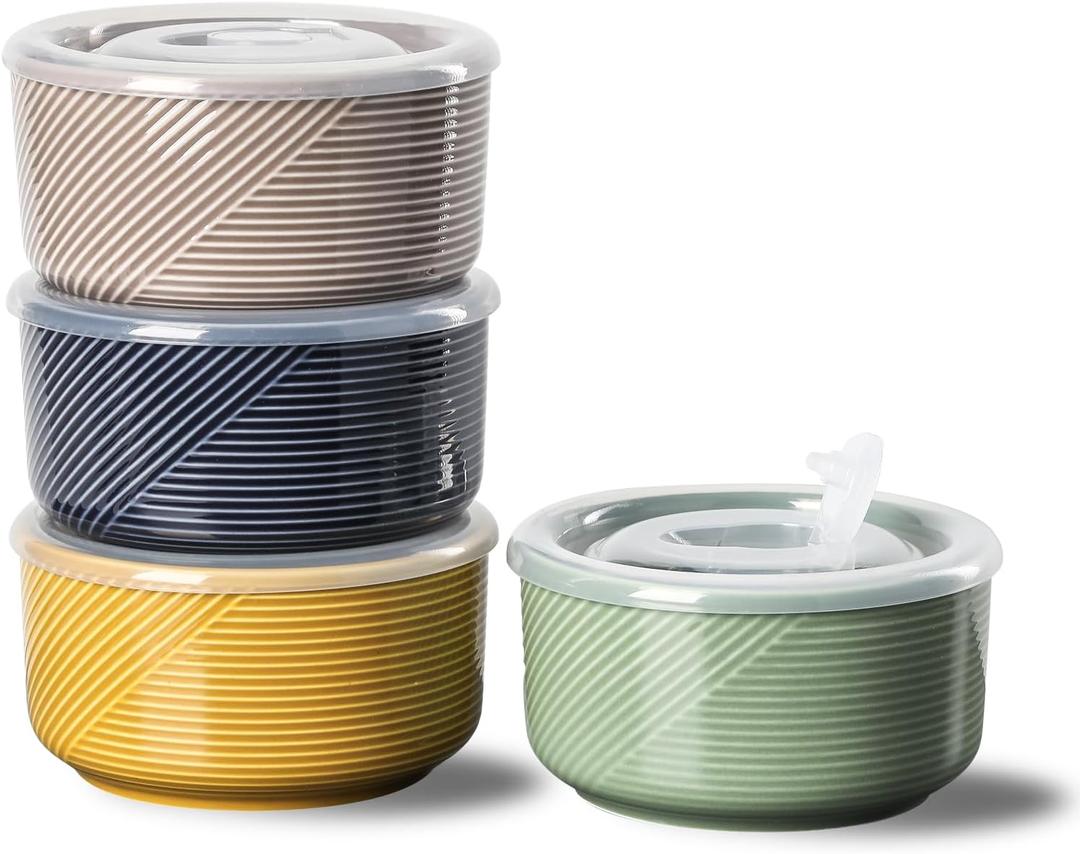 Ceramic Bowls with Lids: 20 oz Microwave Safe Food Storage Containers for Soup, Salad, Cereal, Leftovers, Meal Prep, Lunch, Picnic, Camping, Serving - Airtight, Multicolor, Set of 4 (5 inch)