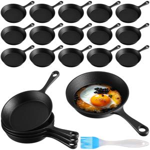 Skylety 16 Sets 6. 3 Inches Mini Cast Iron Skillets Small Black Sizzling Plate Cast Iron Skillets Frying Pan Set with Oil Brush for Indoor Outdoor Restaurant Kitchen