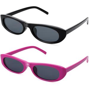 3 x SCVGVER Oval Sunglasses for Women Men, 90s Skinny Sun Glasses, Tiny Retro Shades, UV400 Protection (Black Frame - Gray Lens + Purple Frame - Gray Lens)