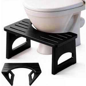 JACNITAD Foldable Toilet Stool, 7 Inch Poop Stool for Bathroom, Bamboo Toilet Stool Squat Adult, Collapsible Squatting Potty Stool with Non-Slip Strip - Improve Squatting Posture and Comfort, Black