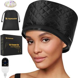 TEPENAR Hair Steamer for Deep Conditioning: Upgraded Heat Cap with 10-Level Fast Heating 3 Time Settings for Natural Hair Portable Thermal Steam Cap for Home Hair Treatment (Standard, Black)