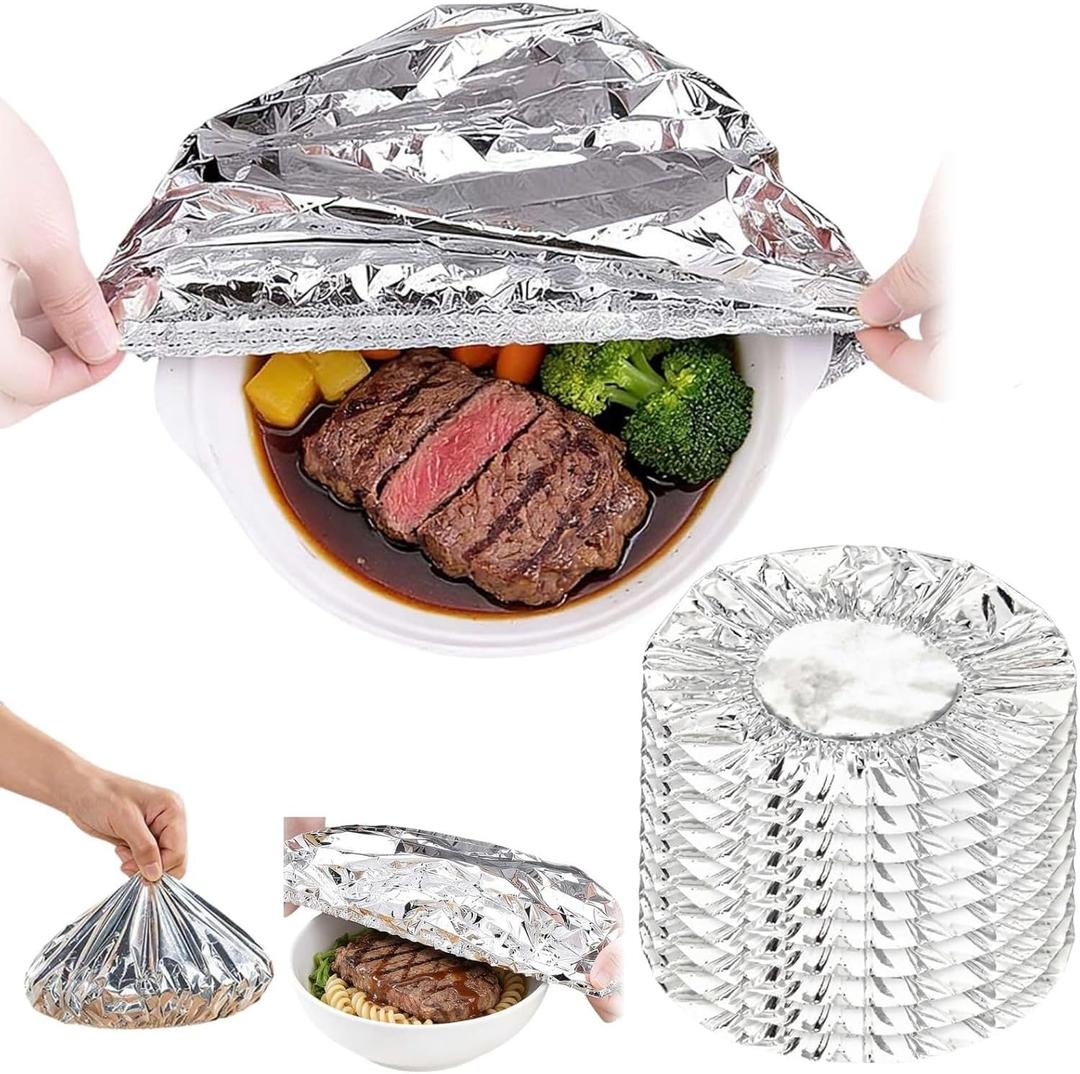 Reusable Aluminum Foil Food Covers, 50 Pcs Heat-Retaining Elastic Bowl Lids, Thickened Insulation Cover for Meal Prep, BBQ, Sandwich Wrap & Leftover Storage – Oil-Resistant & Stretchable