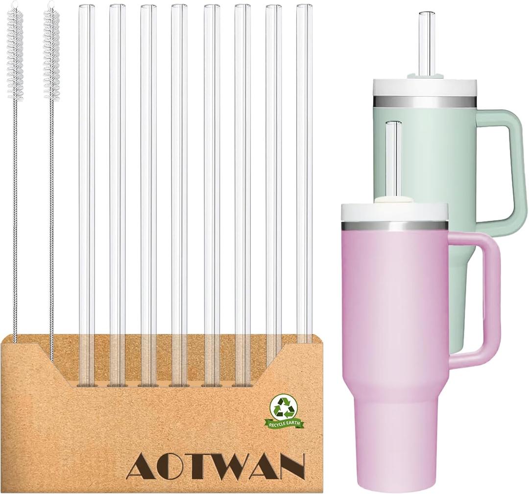AOTWAN Glass Straws for Stanley 10 Piece Set 40/30 oz Tumbler,12inch Replacement Straw for Stanley 8 Straight with 2 Brushesh,Reusable Glass Straws for Stanley Cup