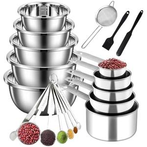 Measuring Cups and Spoons Set 20 Pcs,Stainless Steel Nesting Measuring Spoons and Cups with Mixing Bowl Set,Fine Mesh Strainer,Jar Spatula,Brush,Nesting Bowls 4.1/3.2/2.4/2.1/1.4QT for Kitchen Baking