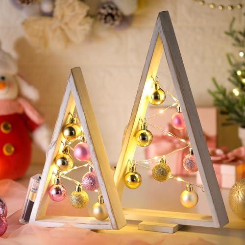 Hungdao 2 Pack Wooden Christmas Tree with Lights and Balls Modern Farmhouse Christmas Table Centerpiece Tabletop Decor for Winter Fireplace Mantle Shelf Home Decor(Pink, Rose Gold)