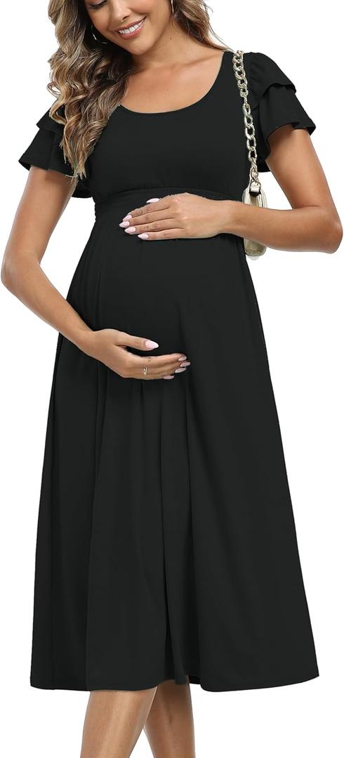 Summe Ruffle Short Sleeve Maternity Dress High Waisted Midi Baby Shower Dresses (XX-Large, Black)