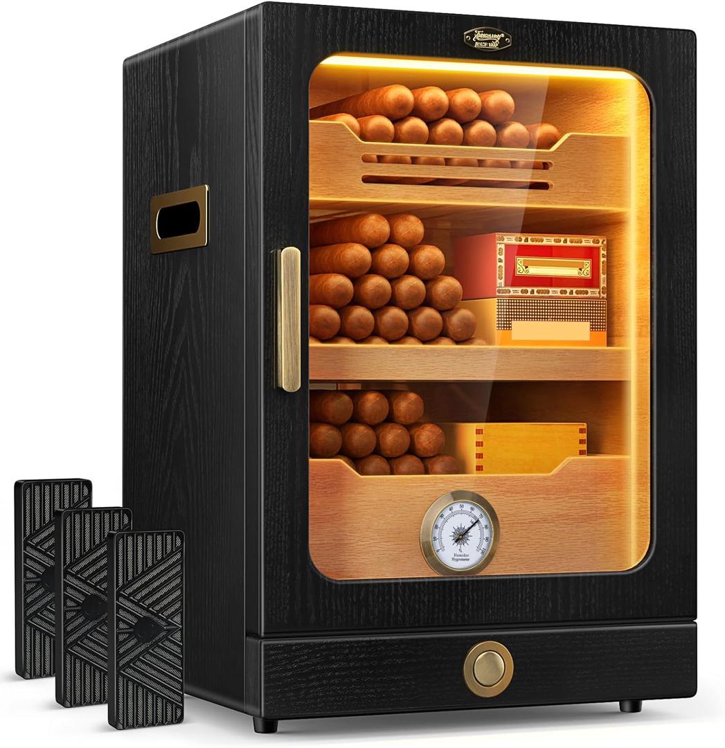 Cigar Humidor, Desktop Cigar Humidor Cabinet Light Control System with Spanish Cedar Wood Shelves, Hygrometer, 3 Humidifiers and Cigar Accessories Drawer, Father's Day Gift for Men (Black)