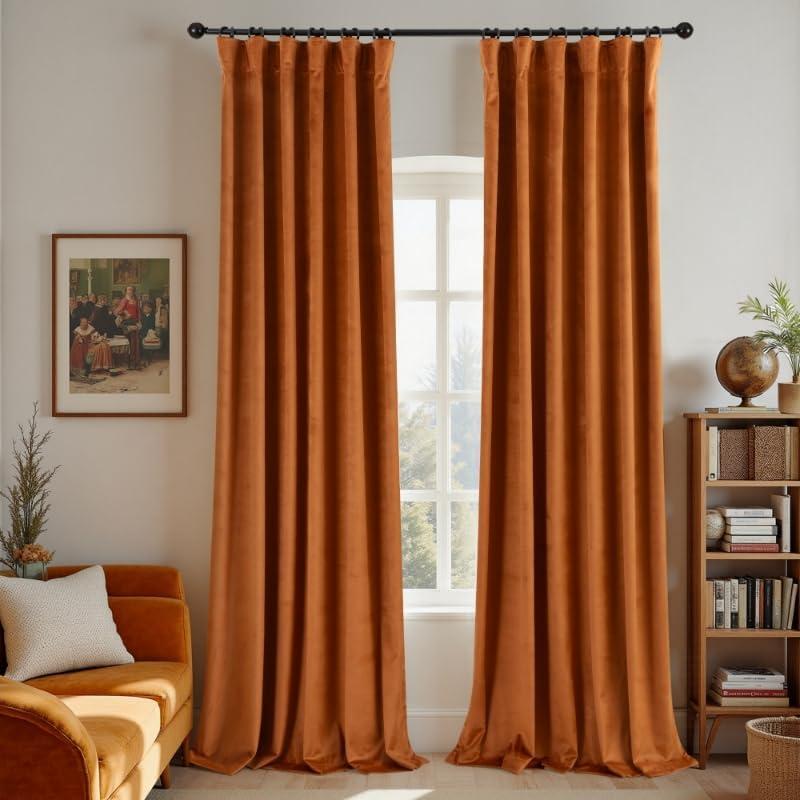 KOUFALL Velvet Black Out Curtains 96 Inch Long 2 Panel Set for Sliding Glass Doors, Burnt Orange Thermal Blackout Pleated 8FT Length Floor to Ceiling Track Curtains with Hooks Mount System