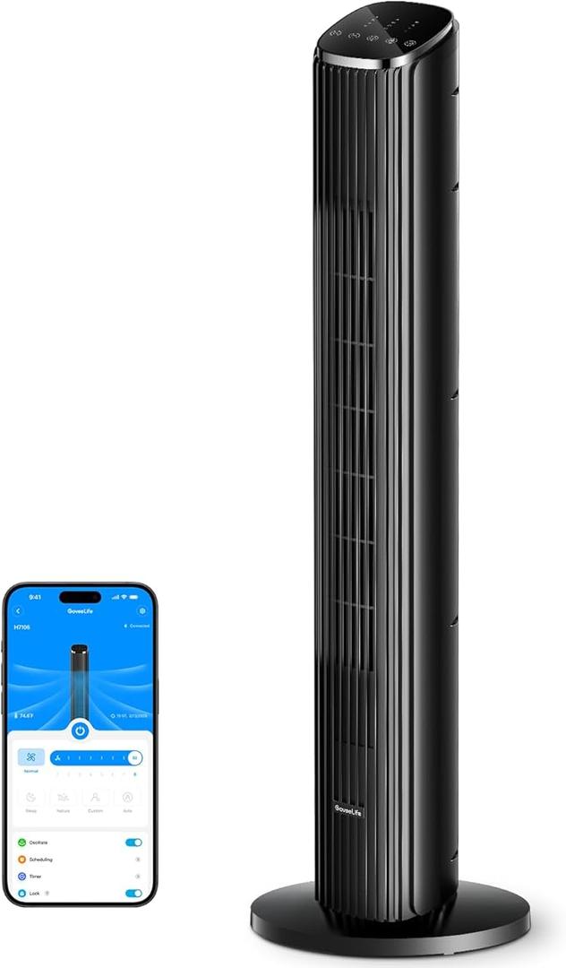 GoveeLife Black Tower Fan for Bedroom, 36" Smart Floor Fan with App/Voice Control, Temperature Sensor, 5 Modes 8 Speeds(25ft/s), 29dB Quiet Oscillating Fan for Office, 24H Timer, Auto Cooling