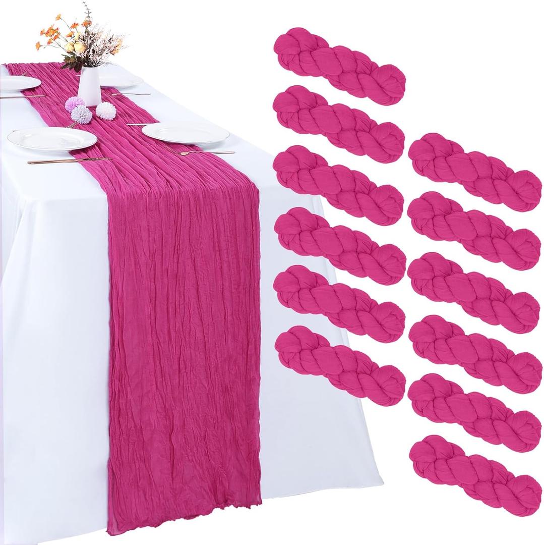 RestfulGlow 12 Pack Hot Pink Cheesecloth Table Runner 10FT Boho Gauze Fabric Table Runner 35 x 120 Inch Rustic Sheer Runner for Centerpiece Wedding Decor Baby Shower Party Table Decoration