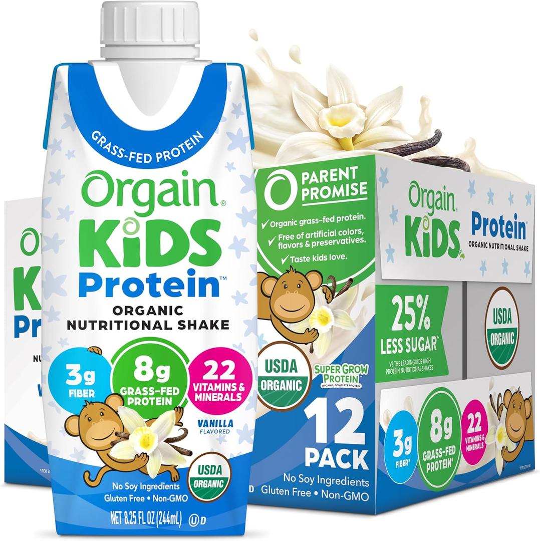 Orgain Organic Kids Nutritional Protein Shake, Vanilla, Healthy Kids Snacks, 8g Dairy Protein, 3g Fiber, 22 Vitamins & Minerals, No Soy ingredients, Gluten Free, Non-GMO, 8.25 Fl Oz (Pack of 12), Best By: Nov 13 2026