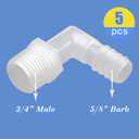 Quickun Hose Barb Fitting Elbow, 5/8" Hose Barb x 3/4" Male NPT Barbed Adapter for Fuel/AIR/Water/Oil/Gas/WOG(Pack of 5)