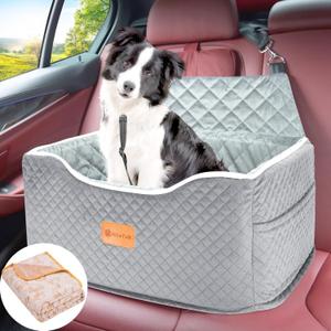 Memory Foam Booster Dog Car Seat for Medium Dogs Under 45 LBS, Elevated Pet Car Seat with Detachable Washable Cover, Anti-Slip Sturdy Dog Booster Seat with Seat Belt for Back Seat Travel (Grey)