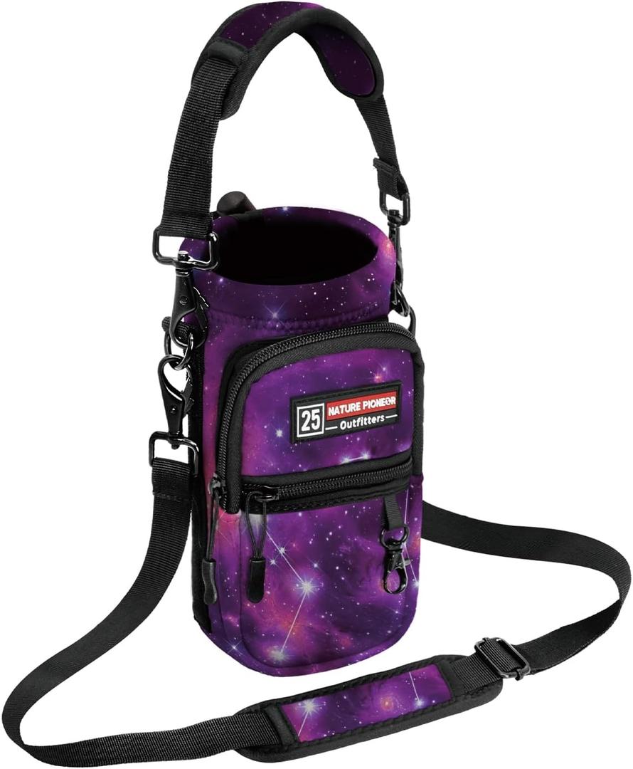 NATURE PIONEOR Water Bottle Holder with Strap,Water Bottle Carrier Bag Sling Sleeve with Adjustable Shoulder Strap & Handle and Large Phone Pocket for Walking,Hiking,Travelling for 25oz/32oz/40oz/64oz (Starry Purple)
