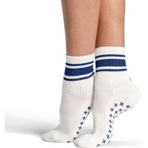 Kamo Fitness Pilates Socks with Grips for Women - Non-Slip Yoga, Barre Grip Sock - Grippy Cotton Crew Socks for Pilates, Yoga, Ballet, Reformer (White & Navy Touch, One Size)