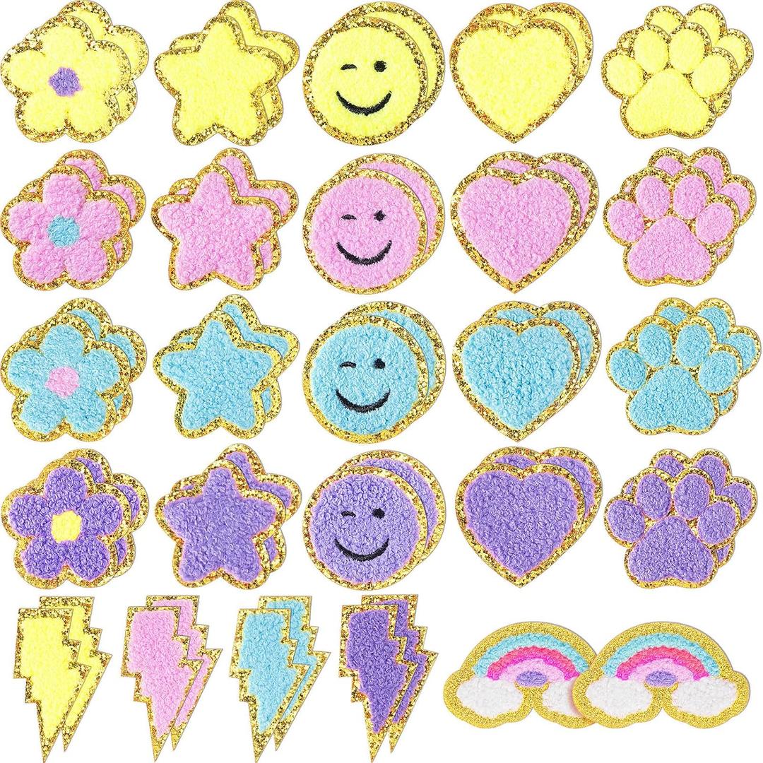 Yilloog 50 Pcs Self Adhesive Chenille Patches Paw Print Smile Face Heart Patch Preppy Sticker Chenille Rainbow Sew on Sticker for Jackets Jeans (Cute Style,Pastel Color)