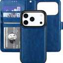 Bocasal Detachable Wallet Case for iPhone 17 Pro RFID Blocking Card Slots Holder Premium PU Leather Magnetic Kickstand Shockproof Wrist Strap Removable Flip Protective Cover 5G 6.3 inch (Blue)