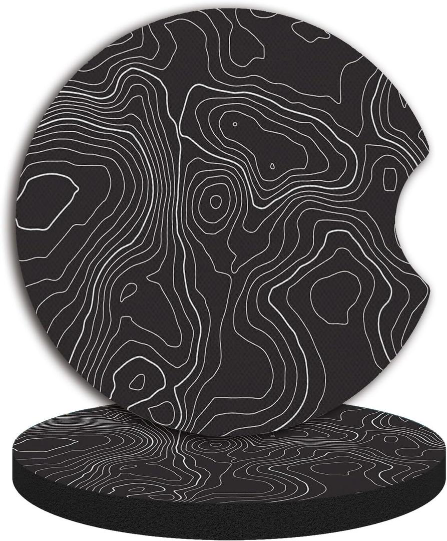Black Contour Map Cute Cup Holder Coasters,Car Coasters for Cup Holders,Cute Car Accessories for Women Interior, 2 Pack Absorbent Universal Neoprene Car Coasters with Finger Slot
