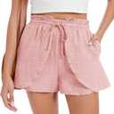 Womens Casual Shorts Elastic High Waisted Wide Leg Drawstring Summer Beach Shorts with PocketsPink,L (Pink, L)