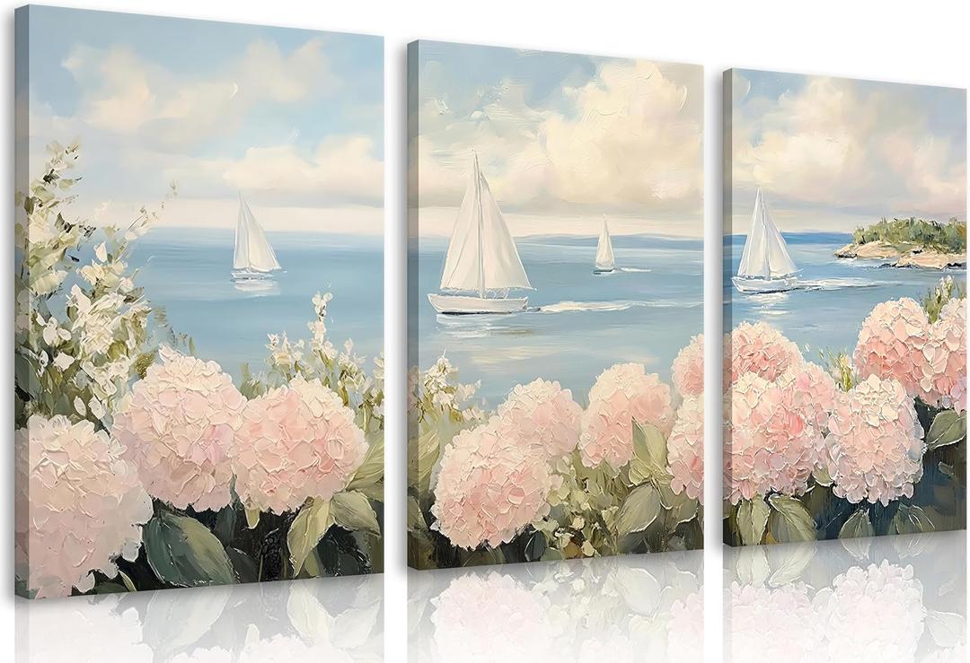 Set of 3 Pink Coastal Hydrangea Canvas Wall Art Seascape Floral Painting Picture Wall Decor Vintage Sailboats Poster print Artwork for Living Room Bedroom dormitory Home Decoration