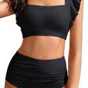 Kate Kasin Womens High Waisted Bikini Sets Ruffle Tummy Control Swimsuits Full Coverage Cheeky Two Piece Bathing Suit (Black, L)