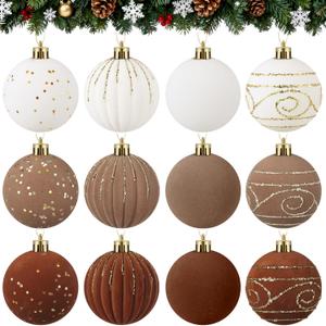 Suzile 12 Pcs Large Velvet Christmas Ball Ornaments, 4 Inch Brown & White Flocked Christmas Tree Ornament Shatterproof Hanging Xmas Ball Bulbs for 2025 Xmas Tree Home Decorations