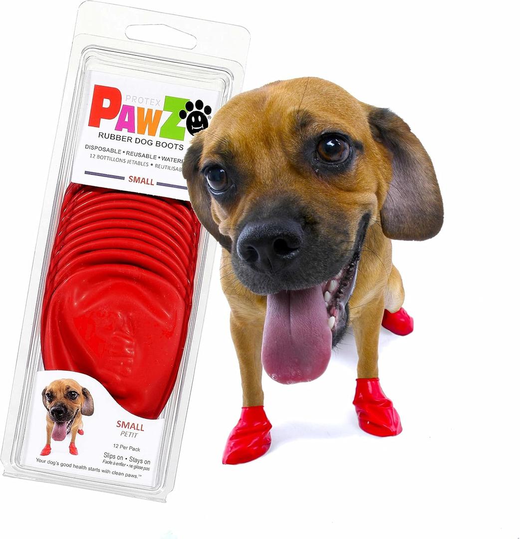 PawZ Rubber Dog Boots for Small Paws - All-Weather Waterproof Dog Shoes, Anti-Slip Traction for Rain, Snow, Mud & Hot Pavement - Pull-On Dog Booties, Red - Small (2"-2.5") - Pack of 12
