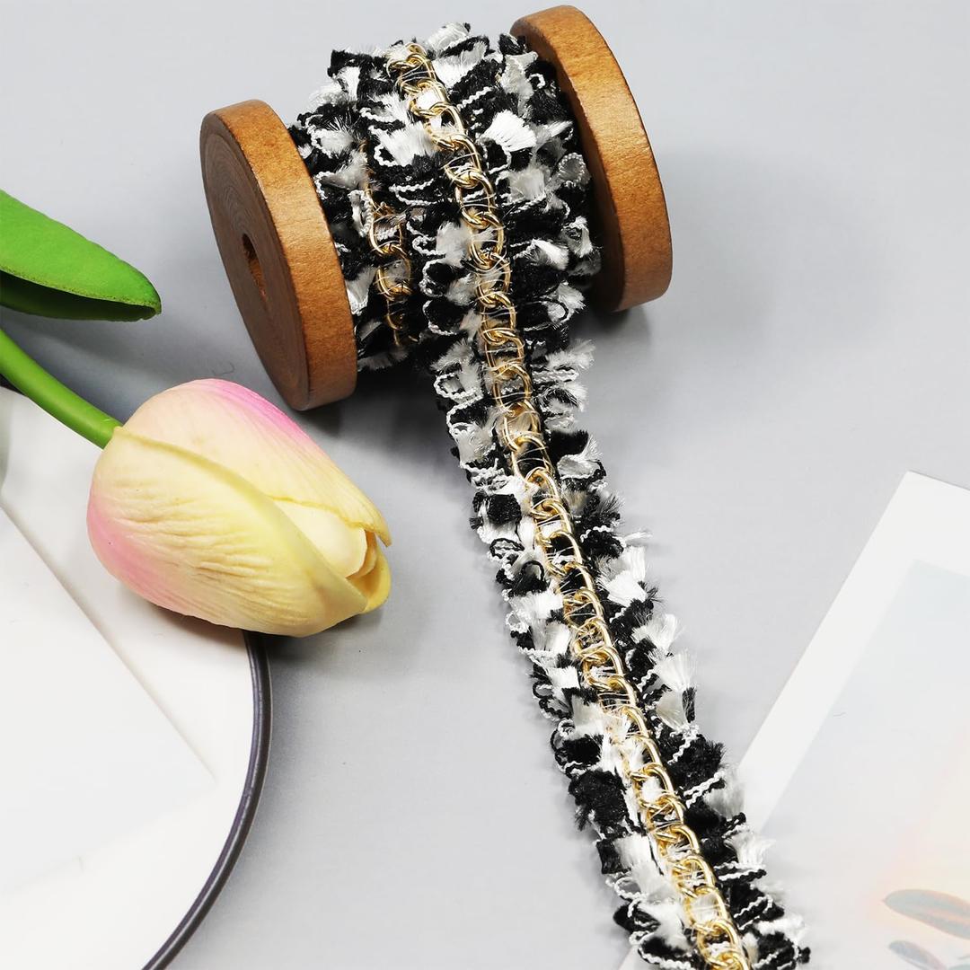 5 Yards 22mm/0.86 inch Black Trim Fabric Decoration Webbing for All Kinds of Garments, Curtains, Sewing and DIY Crafts Furniture Decoration (White/Black)