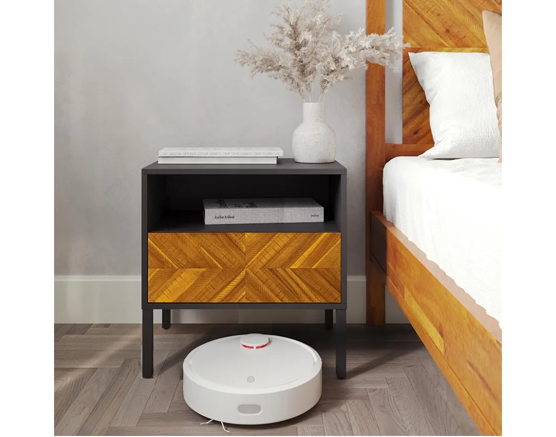 Bme Vivian Solid Wood Nightstand, End Table, Bedside Table with Herringbone Pattern for Rustic Bedroom, Easy Assembly, Rustic Golden Brown and Black
